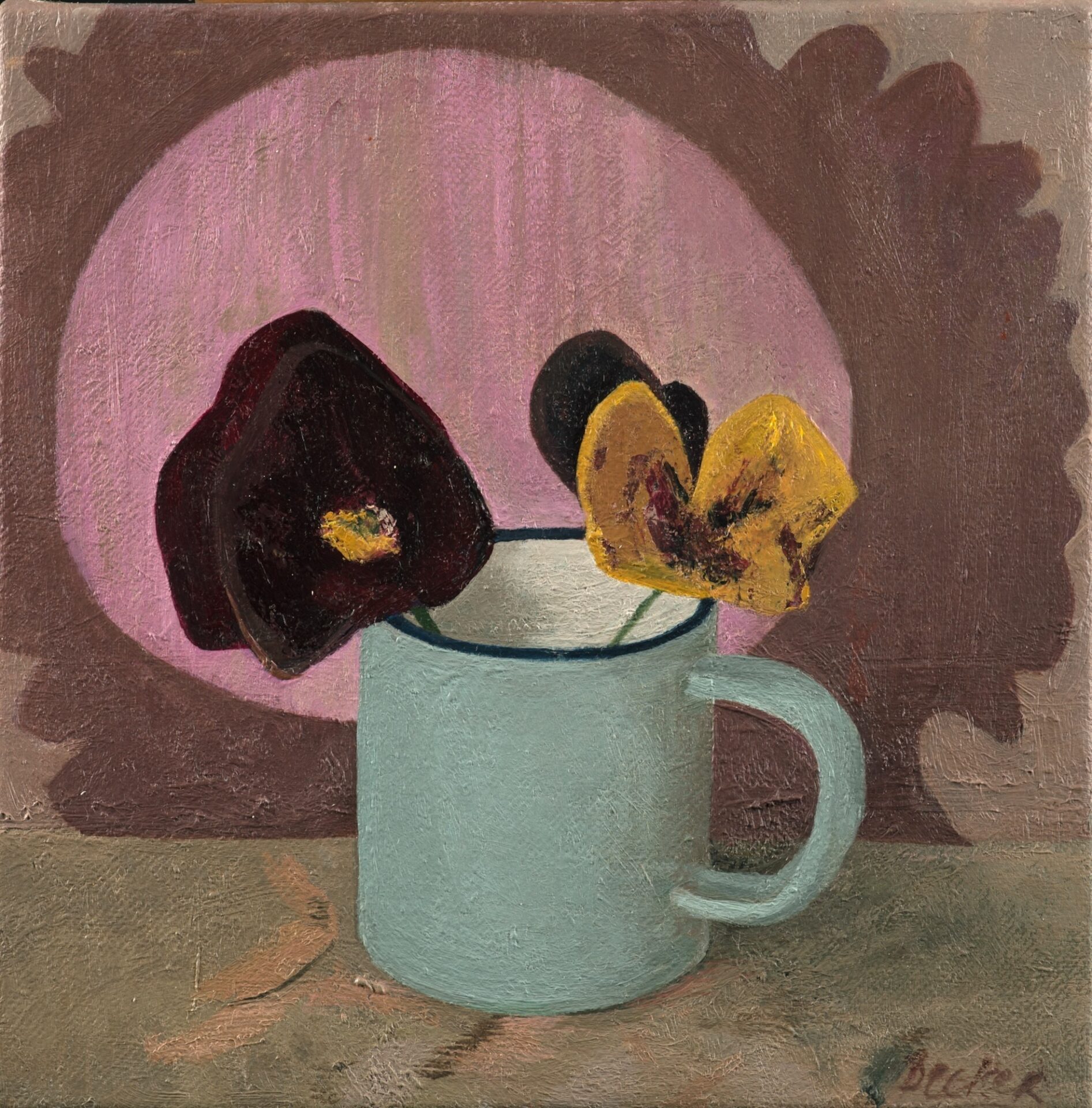 Blue tin cup and pansies 8x8 2014