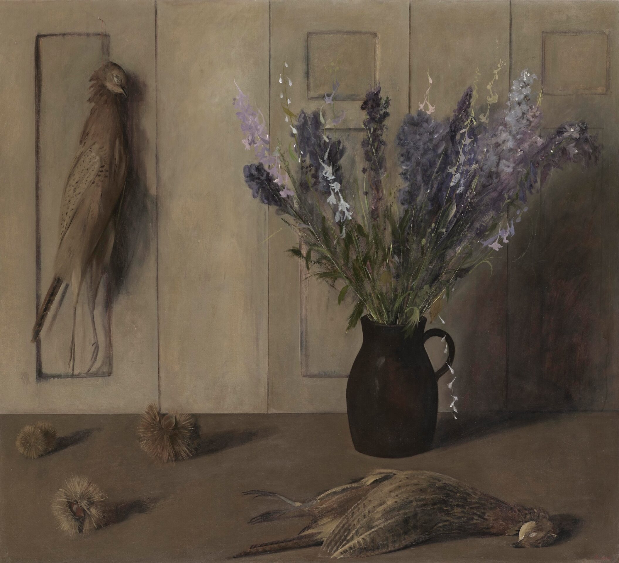 Two Pheasants and delphiniums    59 x 45   2009