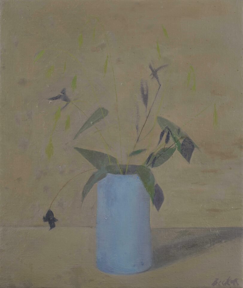 Clematis and grass in blue tin 14x12 2023 2